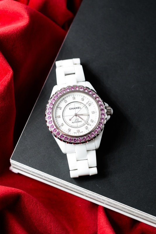 Chanel Full Size White J12 - Pink Sapphire Bezel 42mm H 2011