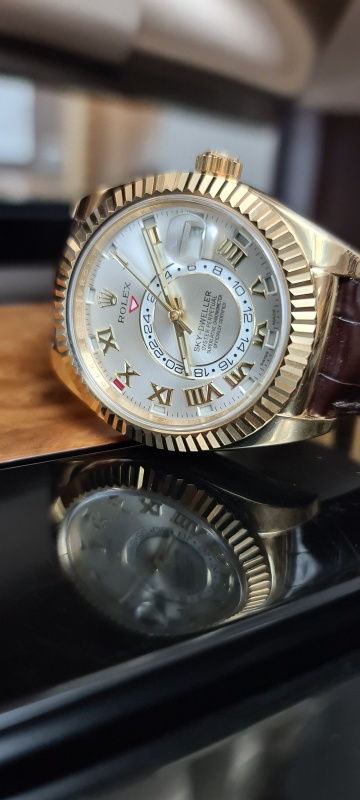 Rolex Sky-Dweller Yellow Gold Champagne Arabic Dial on Strap 326138